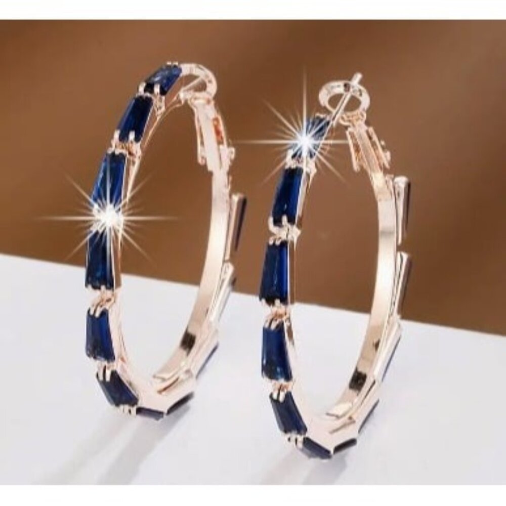 18k Rose Gold Plated Sapphire Blue Simulated Diamond Hoop Earrings
